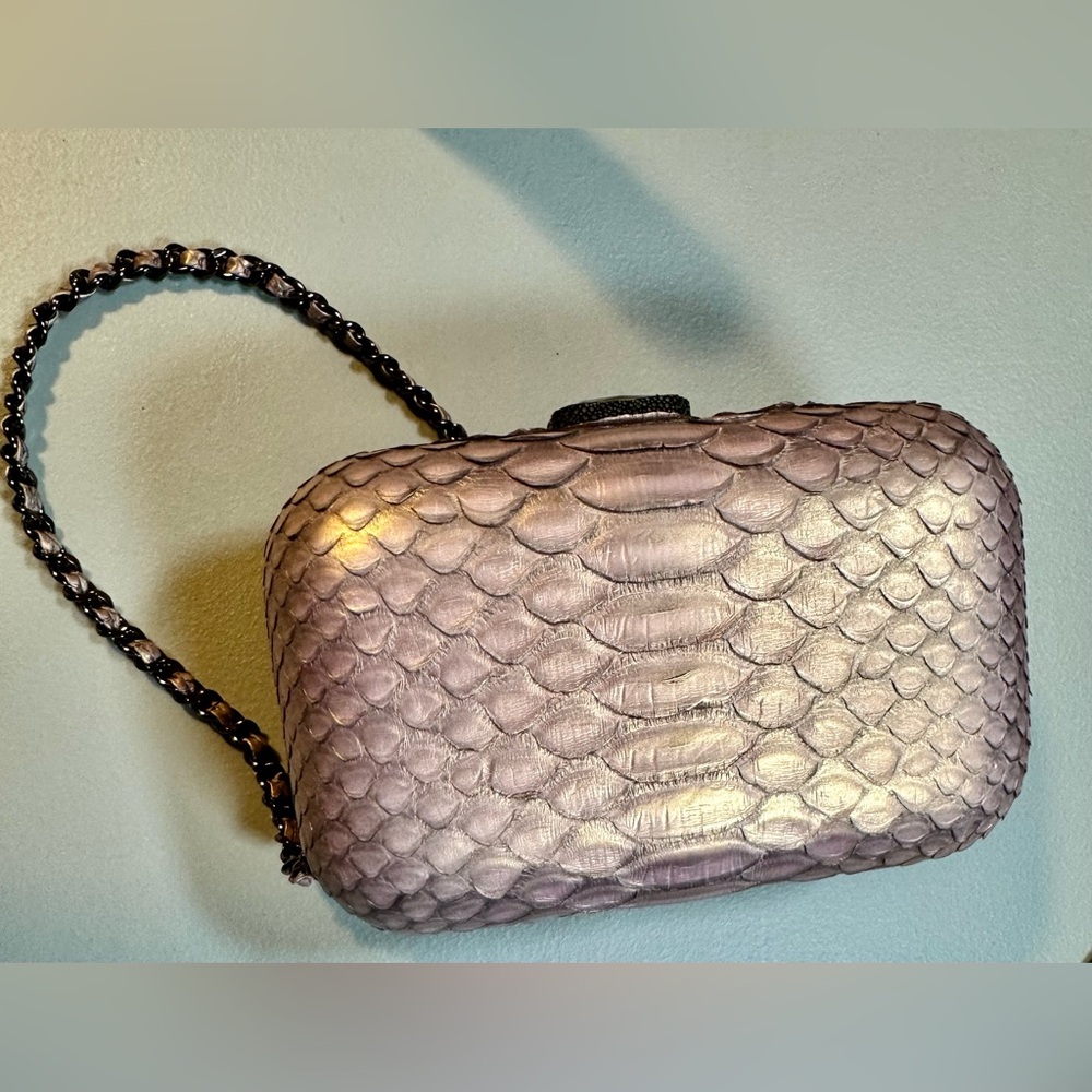 Jennifer Mak Luxury Julia hard shell python clutch w Swaroski crystal clasp
